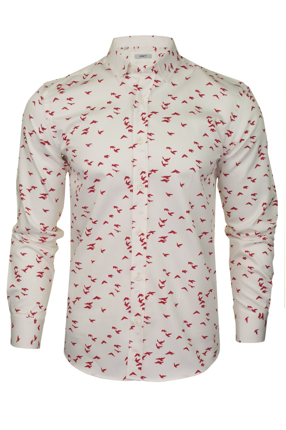Xact Men's Cotton Bird Print Long Sleeved Shirt, 01, Xsh1083, White