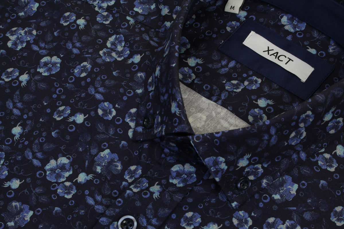 Xact Mens Floral Long Sleeved Shirt, 04, Xsh1089, Navy/ Blue