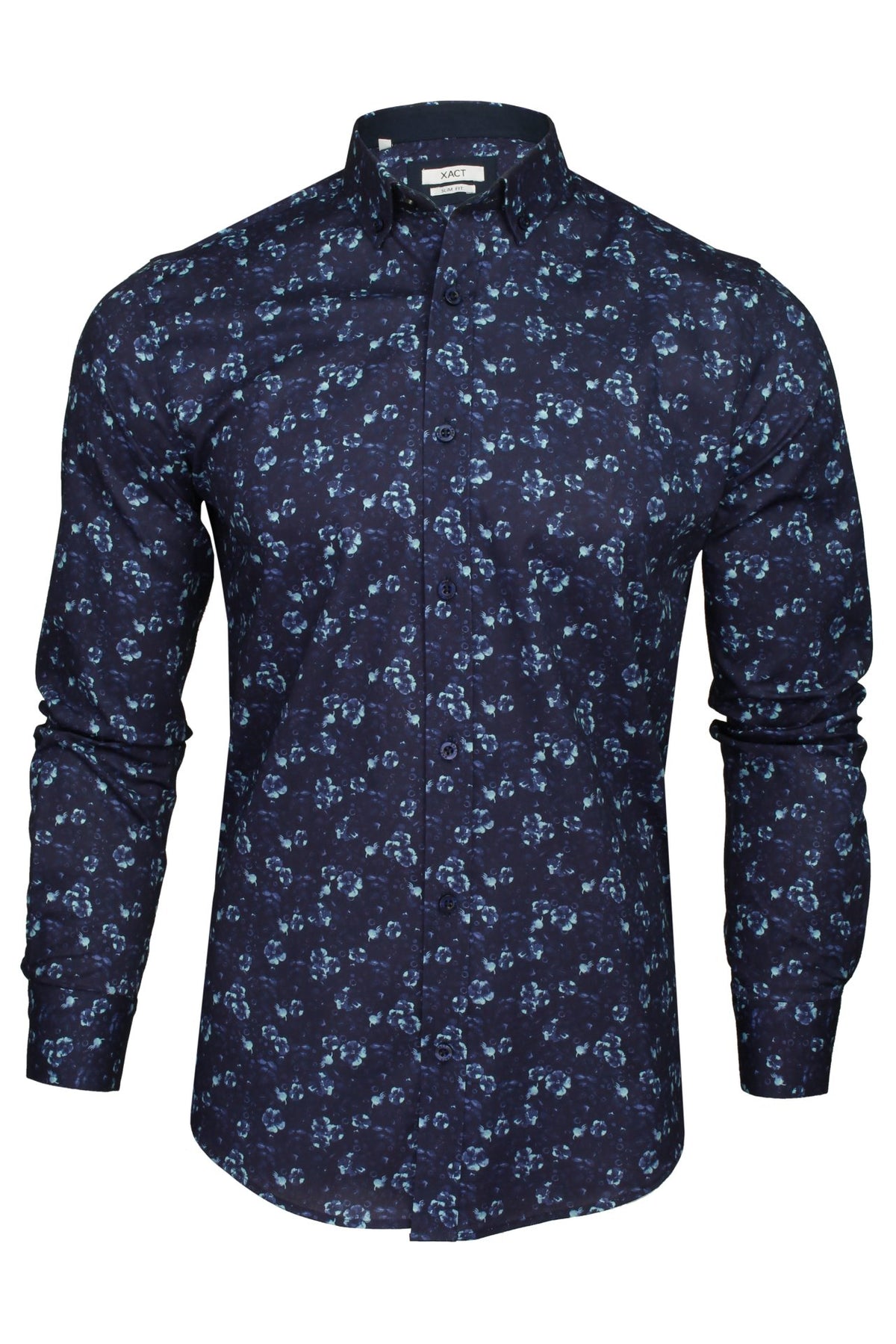 Xact Mens Floral Long Sleeved Shirt, 01, Xsh1089, Navy/ Blue