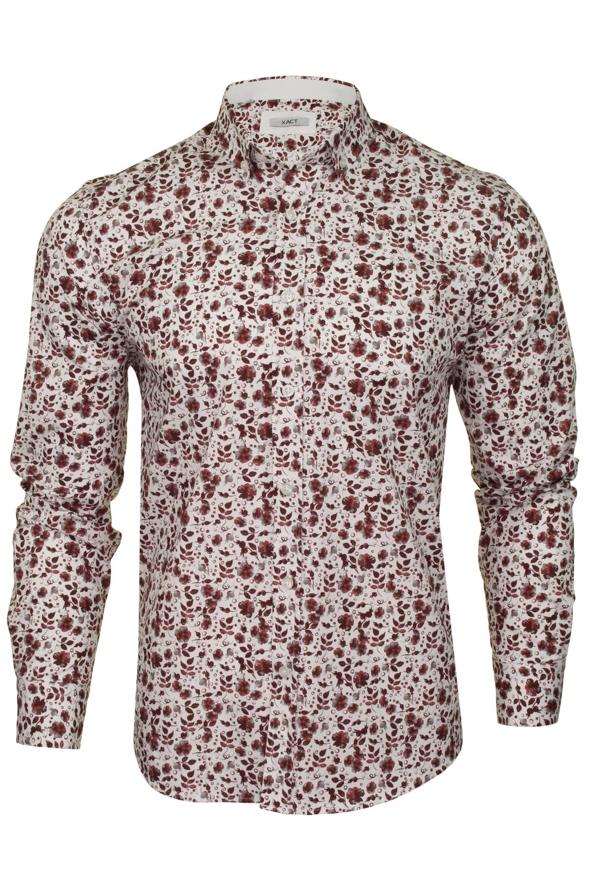 Xact Mens Floral Long Sleeved Shirt, 01, Xsh1089, White/ Burgundy