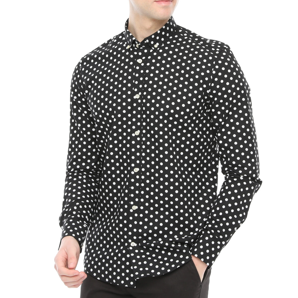 Xact Mens Polka Dot Shirt - Long Sleeved Mod Vintage, 01, XSH1091, Black/ White