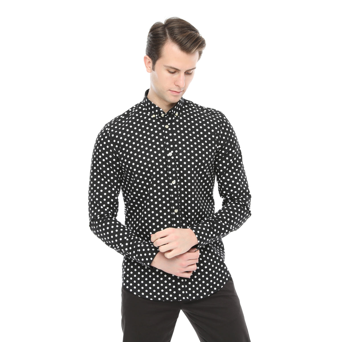 Xact Mens Polka Dot Shirt - Long Sleeved Mod Vintage, 03, XSH1091, Black/ White