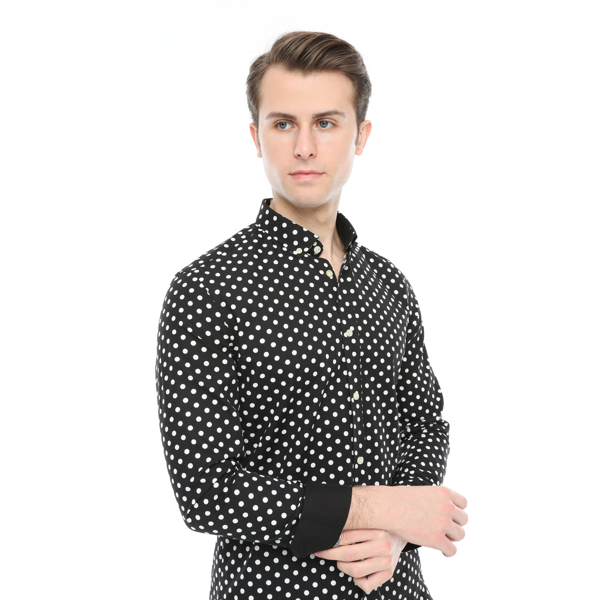 Xact Mens Polka Dot Shirt - Long Sleeved Mod Vintage, 08, XSH1091, Black/ White