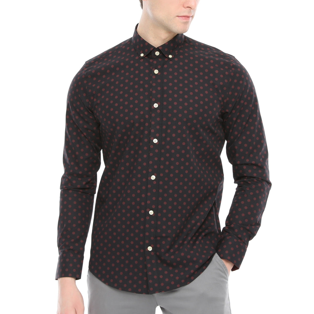 Xact Mens Polka Dot Shirt - Long Sleeved Mod Vintage, 01, XSH1091, Black/ Burgundy