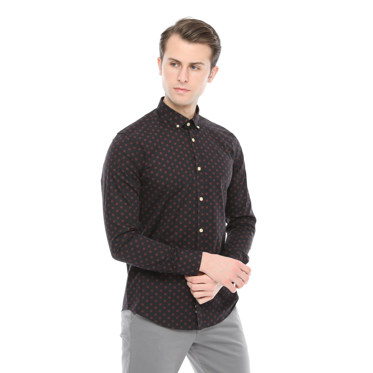 Xact Mens Polka Dot Shirt - Long Sleeved Mod Vintage, 02, XSH1091, Black/ Burgundy