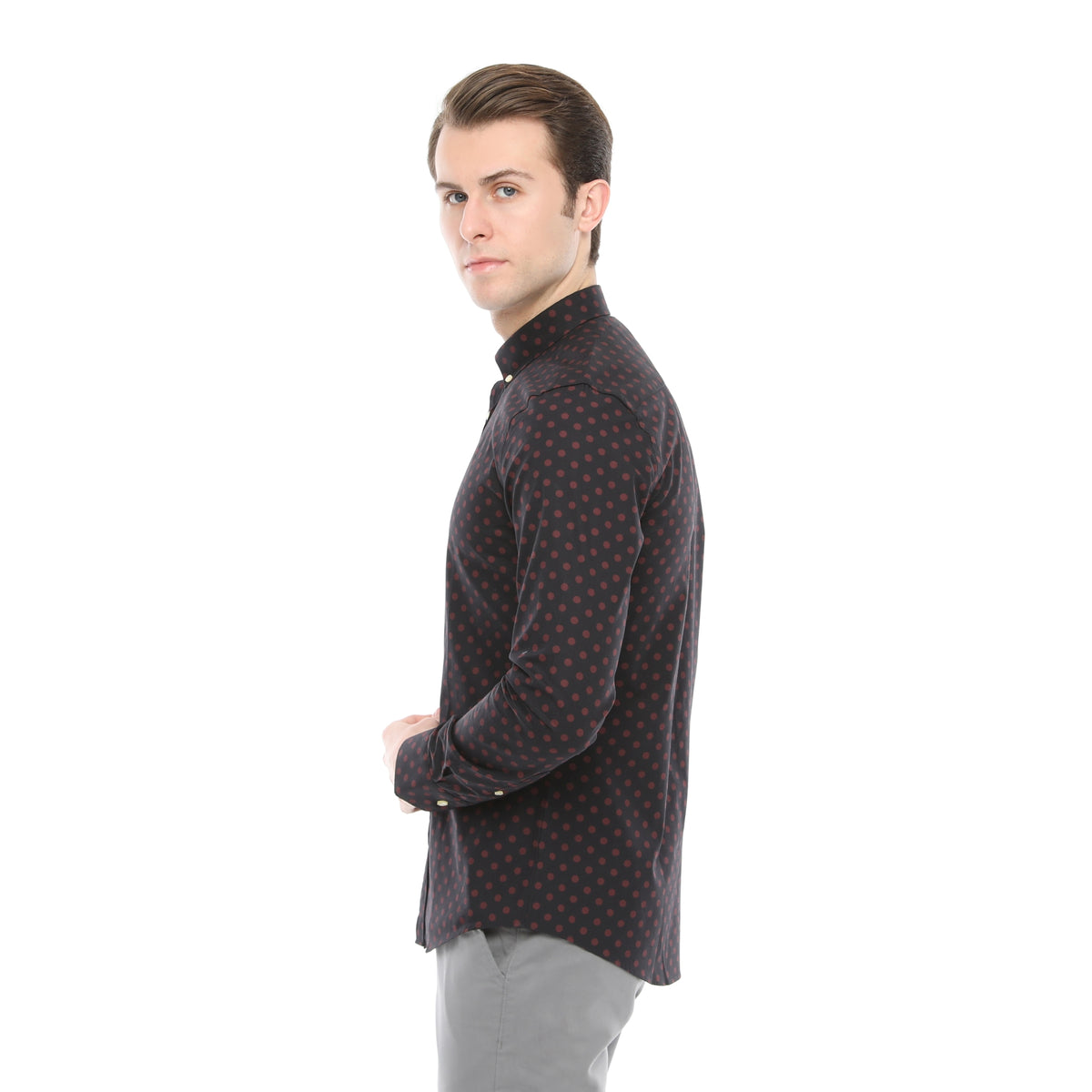 Xact Mens Polka Dot Shirt - Long Sleeved Mod Vintage, 03, XSH1091, Black/ Burgundy