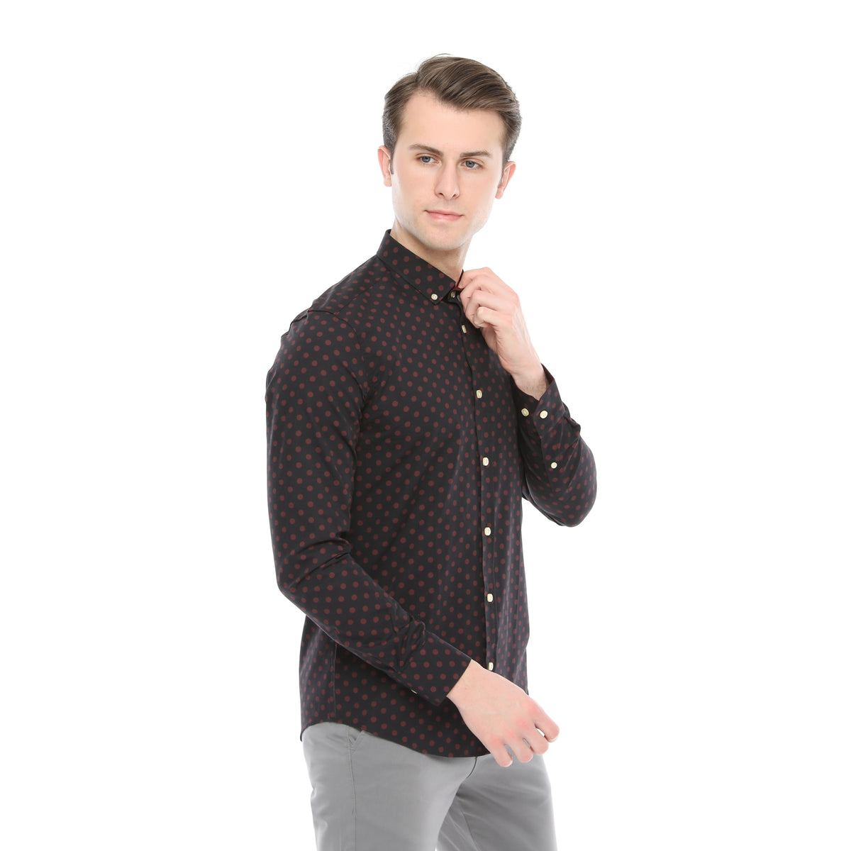 Xact Mens Polka Dot Shirt - Long Sleeved Mod Vintage, 04, XSH1091, Black/ Burgundy