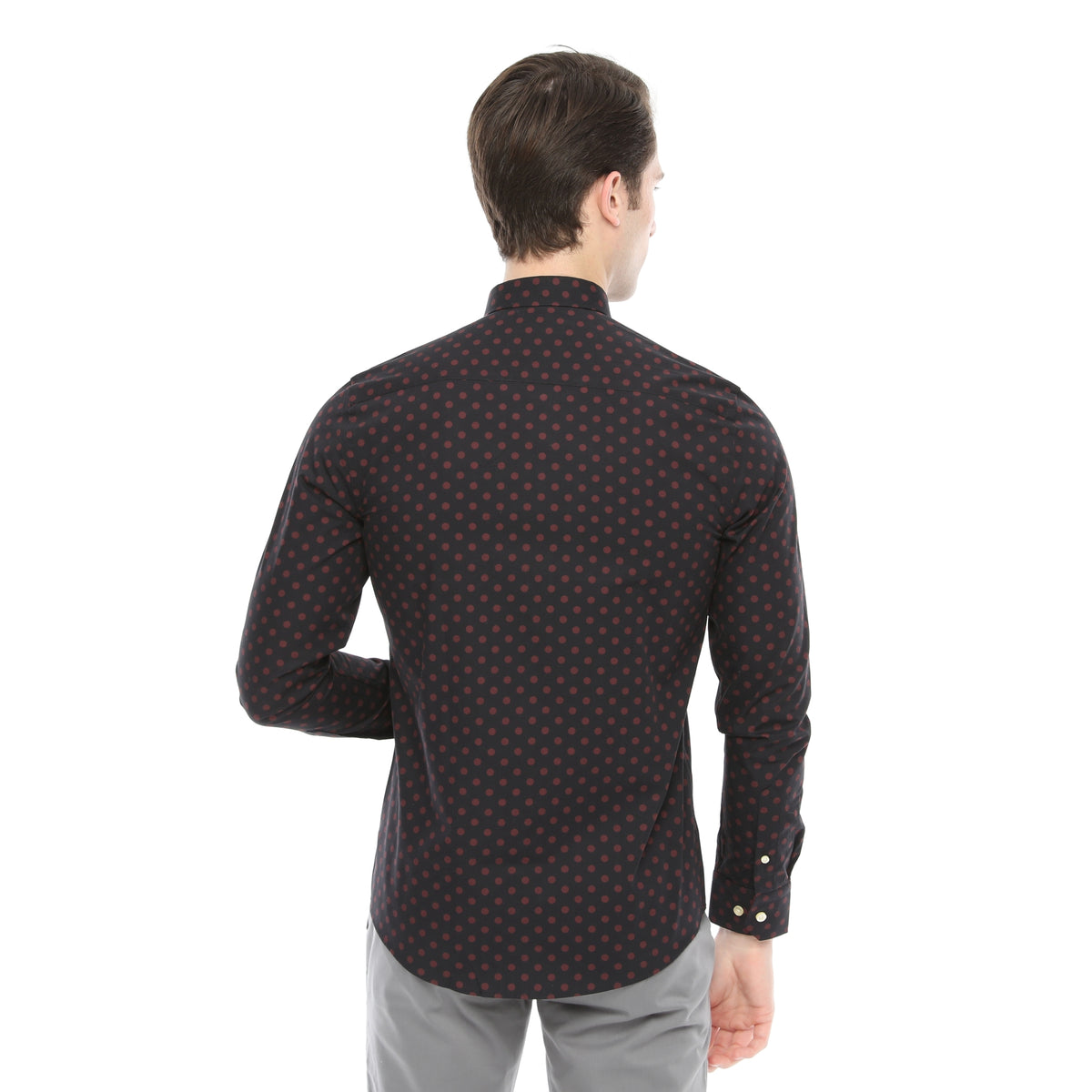 Xact Mens Polka Dot Shirt - Long Sleeved Mod Vintage, 05, XSH1091, Black/ Burgundy