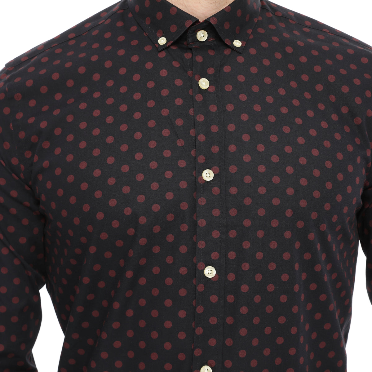 Xact Mens Polka Dot Shirt - Long Sleeved Mod Vintage, 07, XSH1091, Black/ Burgundy