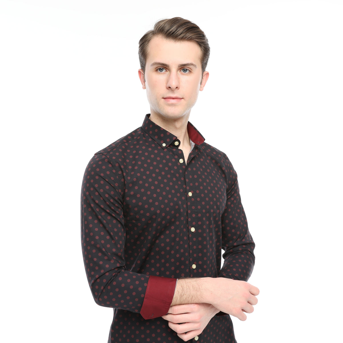 Xact Mens Polka Dot Shirt - Long Sleeved Mod Vintage, 08, XSH1091, Black/ Burgundy