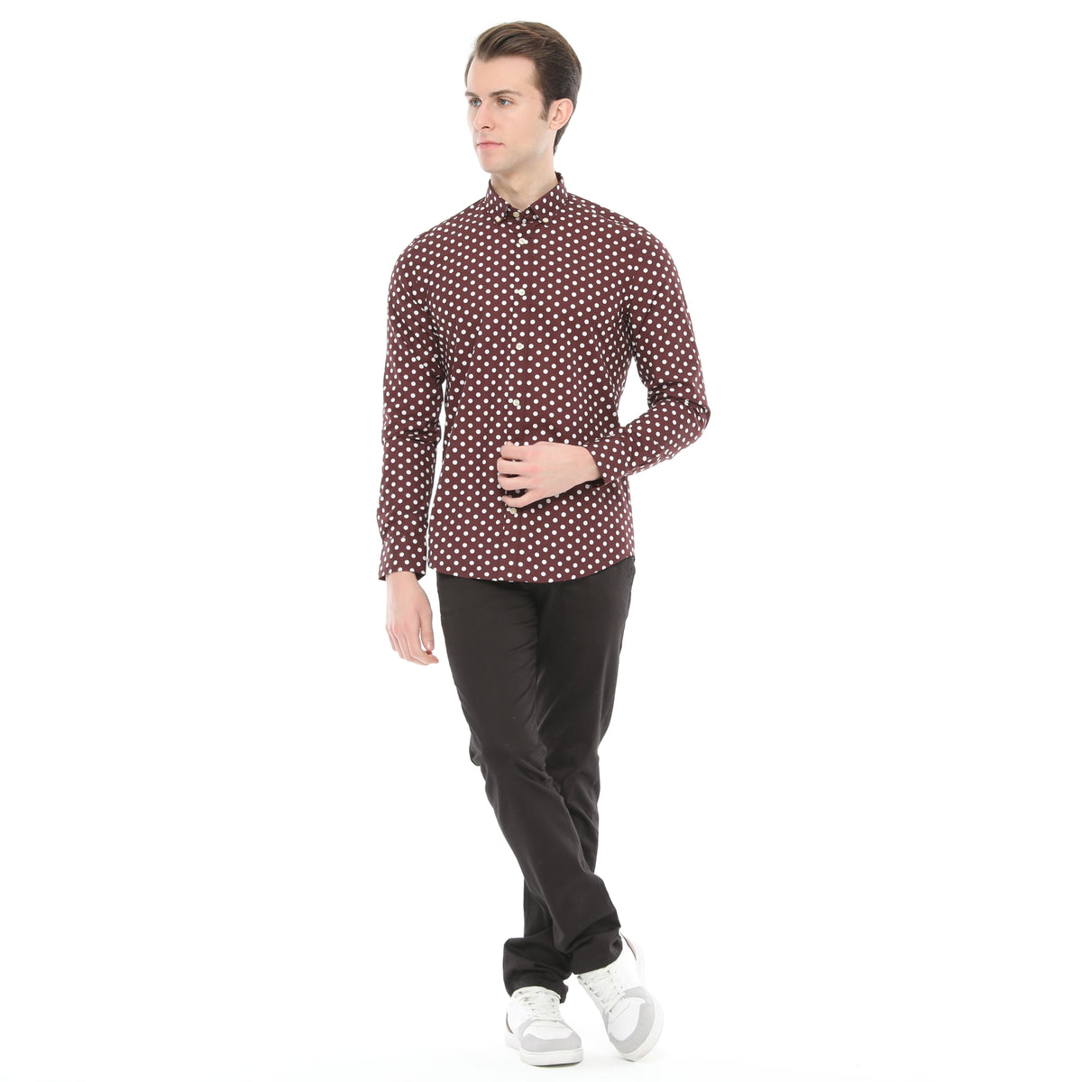 Xact Mens Polka Dot Shirt - Long Sleeved Mod Vintage, 09, XSH1091, Burgundy/ White