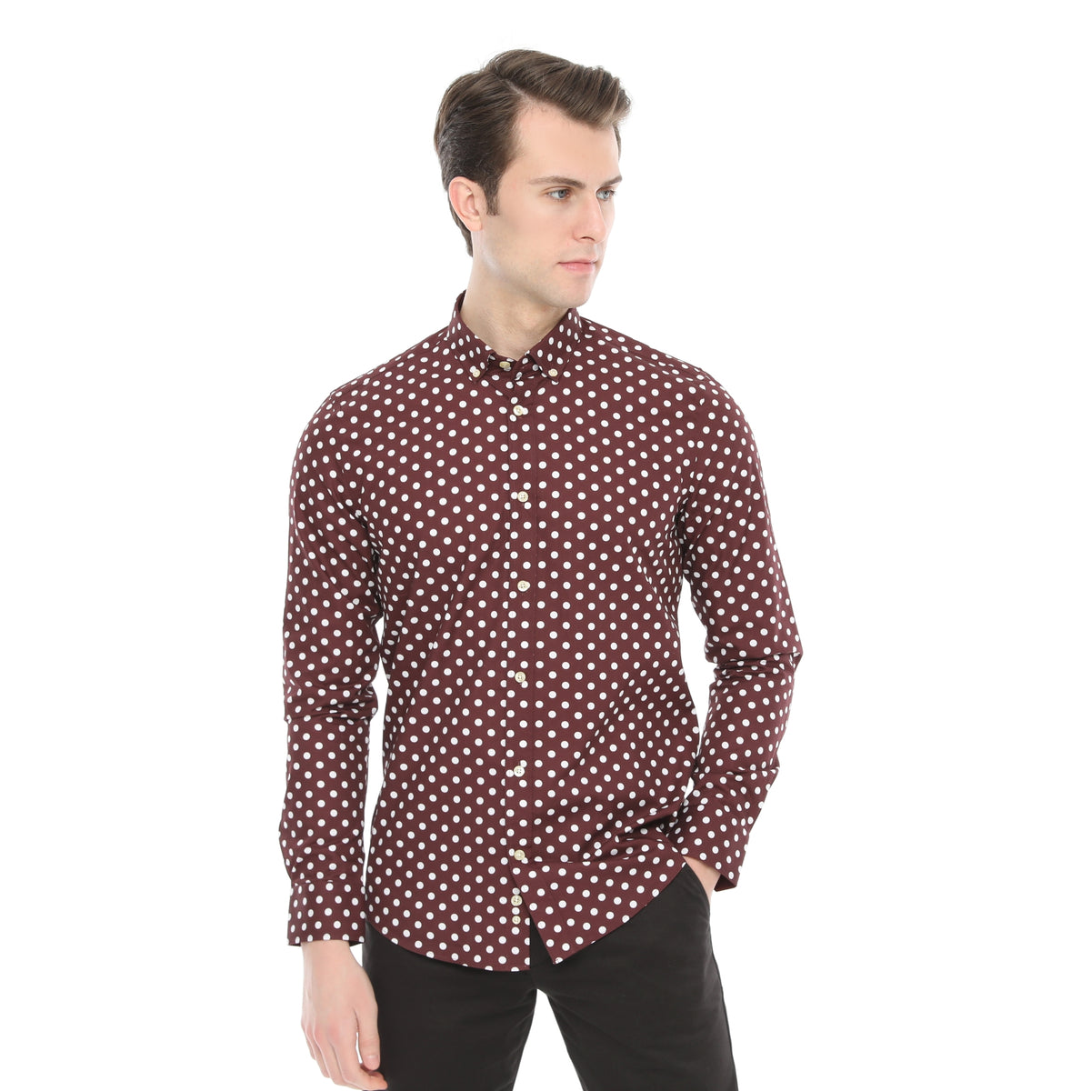 Xact Mens Polka Dot Shirt - Long Sleeved Mod Vintage, 02, XSH1091, Burgundy/ White