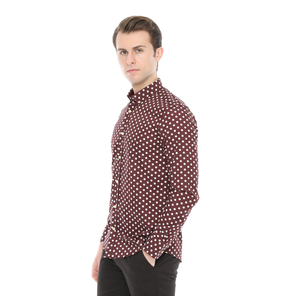 Xact Mens Polka Dot Shirt - Long Sleeved Mod Vintage, 04, XSH1091, Burgundy/ White