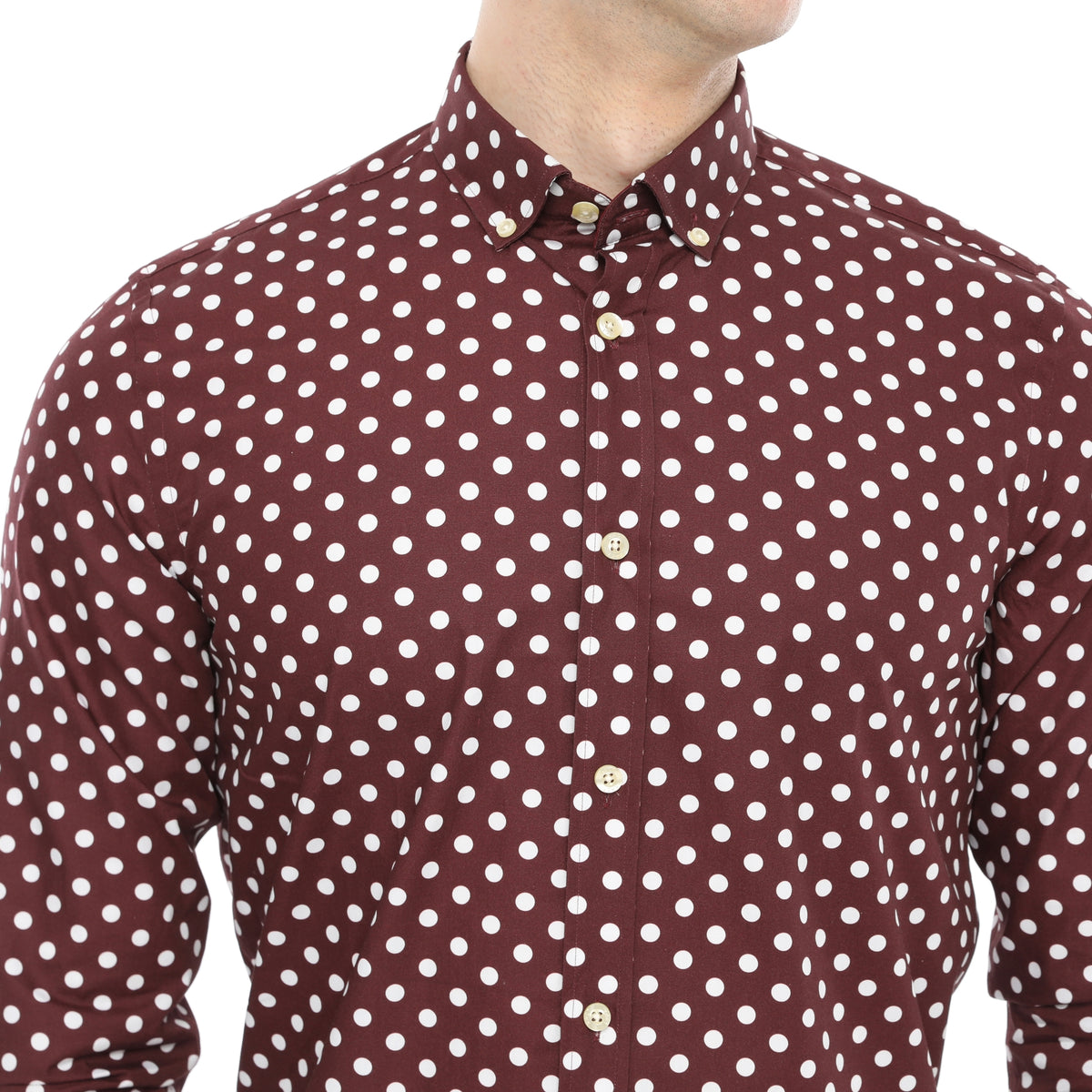 Xact Mens Polka Dot Shirt - Long Sleeved Mod Vintage, 07, XSH1091, Burgundy/ White