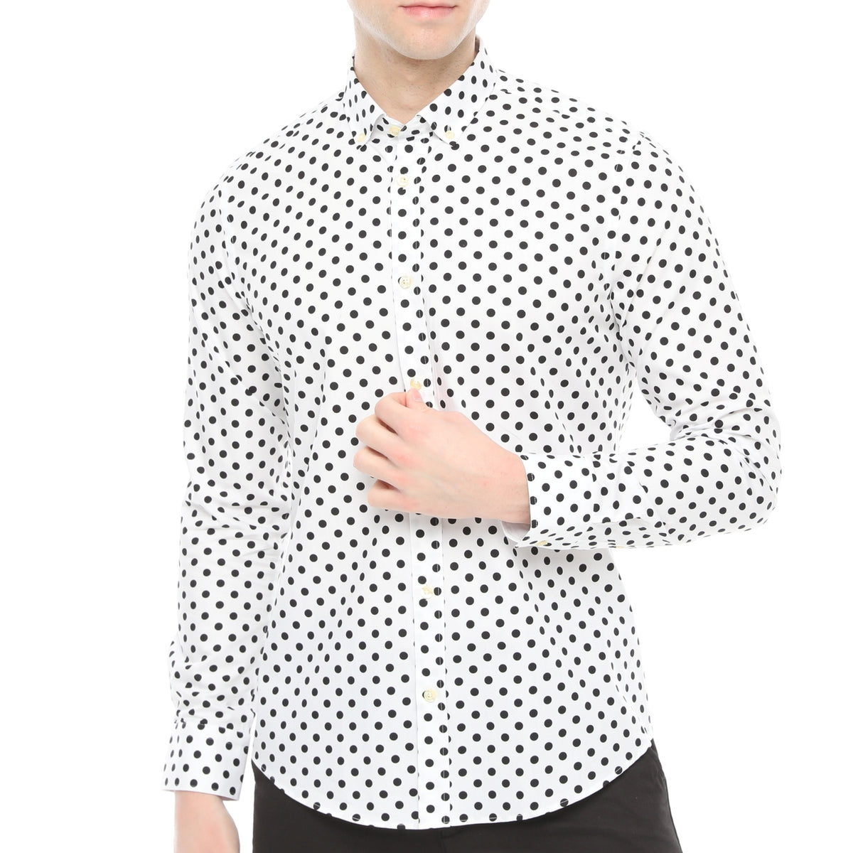 Xact Mens Polka Dot Shirt - Long Sleeved Mod Vintage, 01, XSH1091, White/ Black