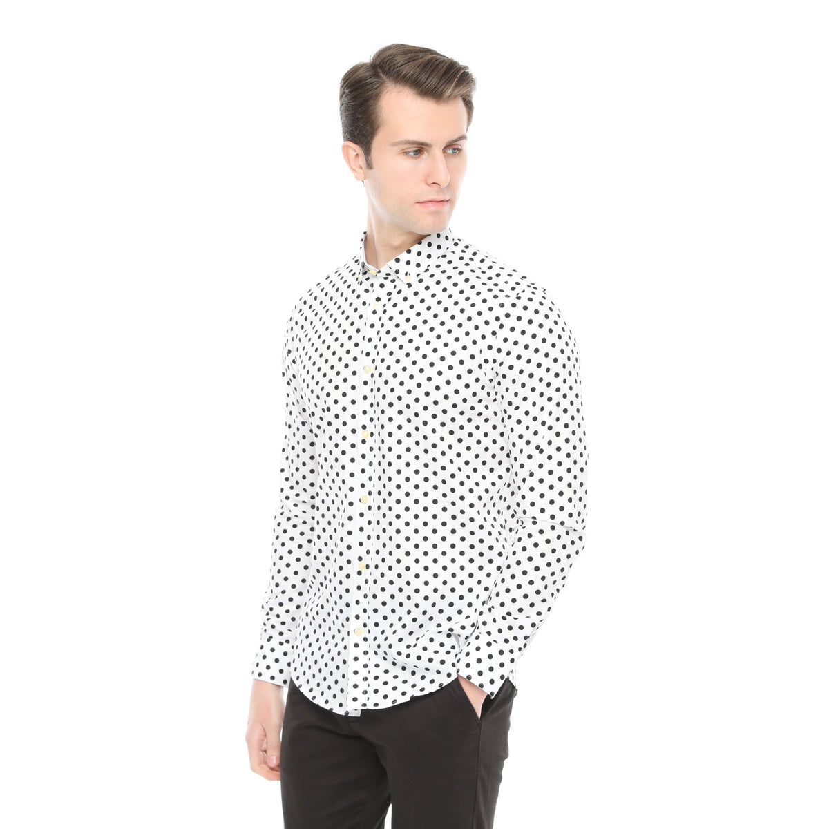 Xact Mens Polka Dot Shirt - Long Sleeved Mod Vintage, 02, XSH1091, White/ Black