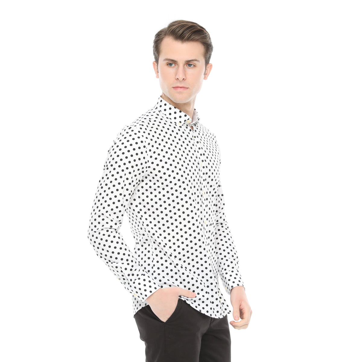 Xact Mens Polka Dot Shirt - Long Sleeved Mod Vintage, 04, XSH1091, White/ Black