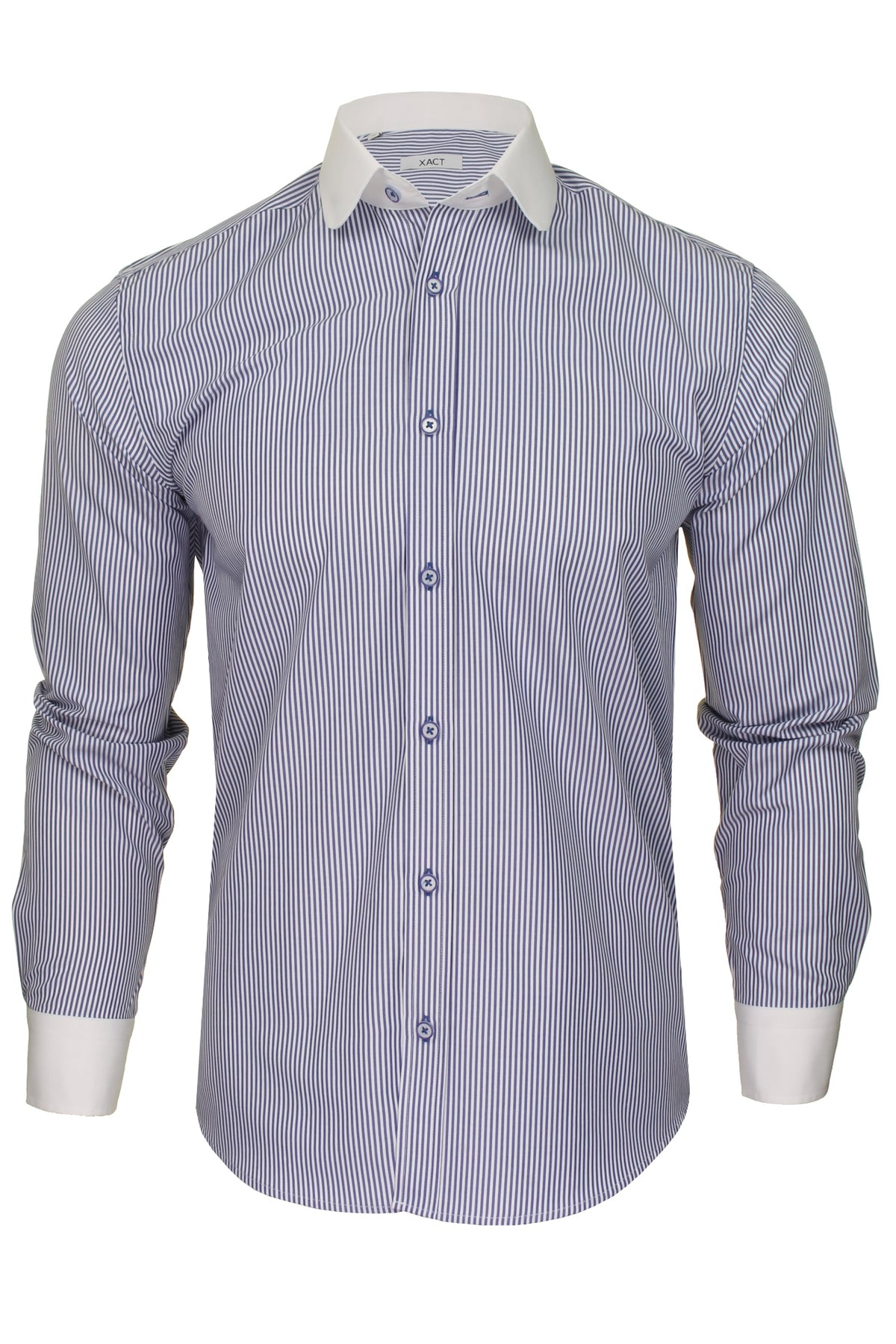 Xact Men's Long-Sleeved Striped Shirt with White Penny/Club Collar and White Cuffs, 01, Xsh1092, White Collar - Blue Stripe