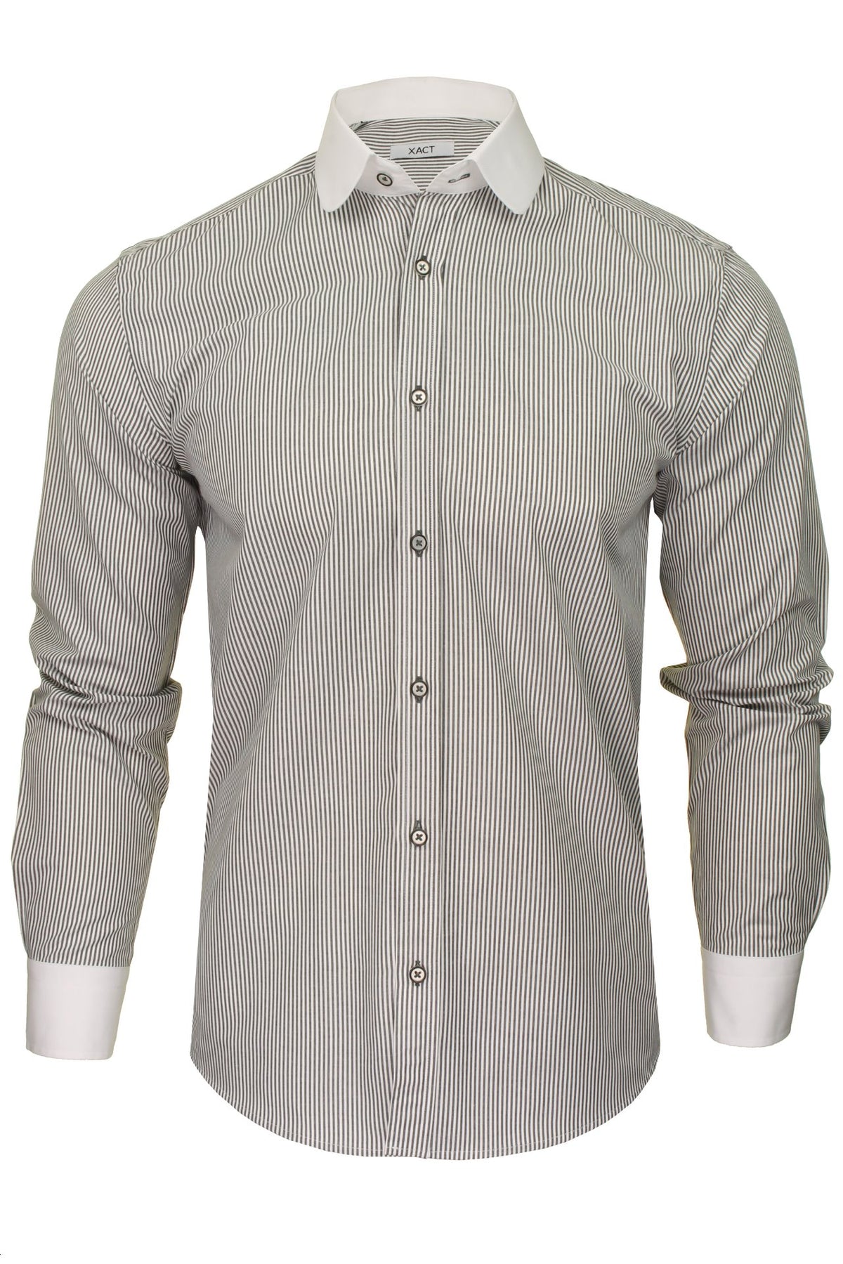 Xact Men's Long-Sleeved Striped Shirt with White Penny/Club Collar and White Cuffs, 01, Xsh1092, White Collar - Dark Grey Stripe