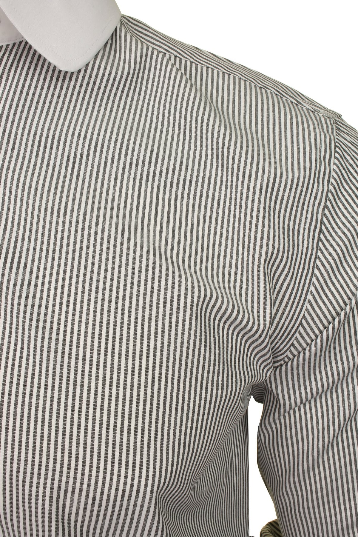 Xact Men's Long-Sleeved Striped Shirt with White Penny/Club Collar and White Cuffs, 02, Xsh1092, White Collar - Dark Grey Stripe