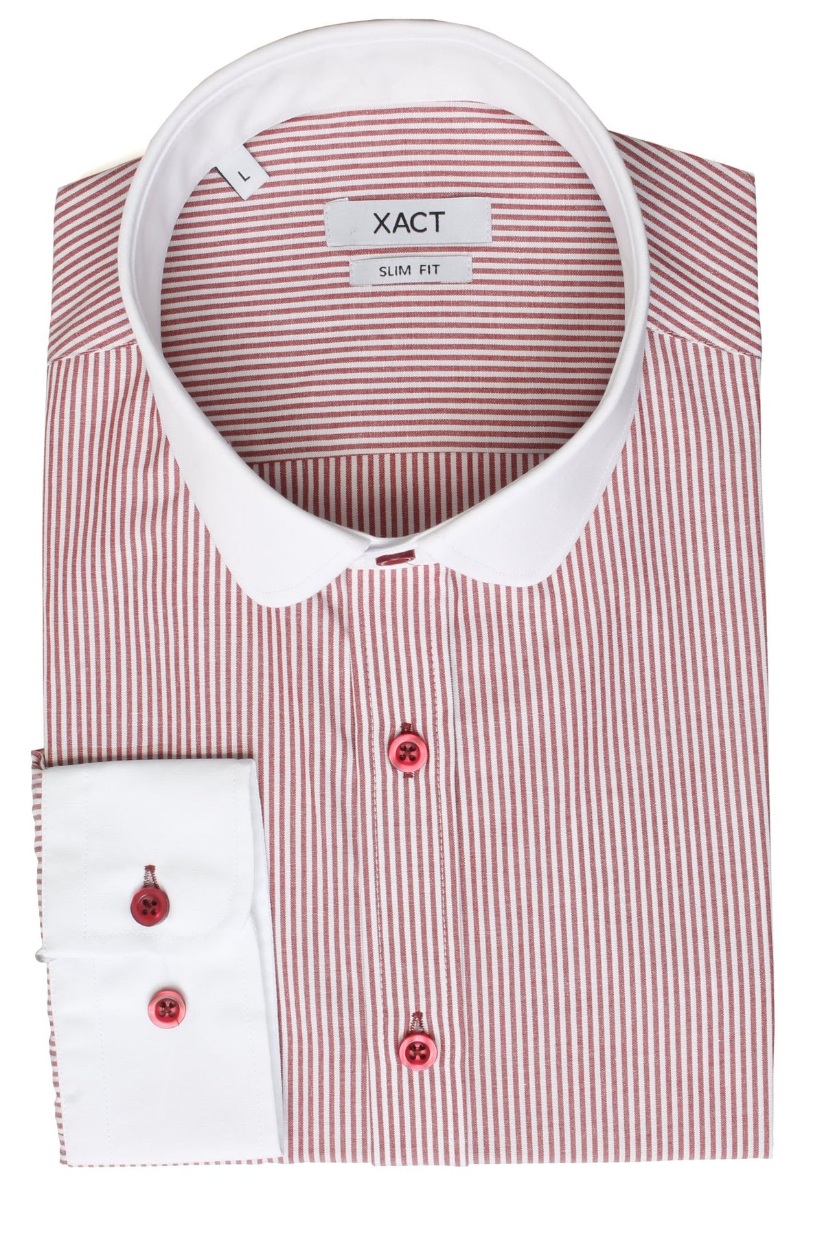 Xact Men's Long-Sleeved Striped Shirt with White Penny/Club Collar and White Cuffs, 04, Xsh1092, White Collar - Dark Red Stripe