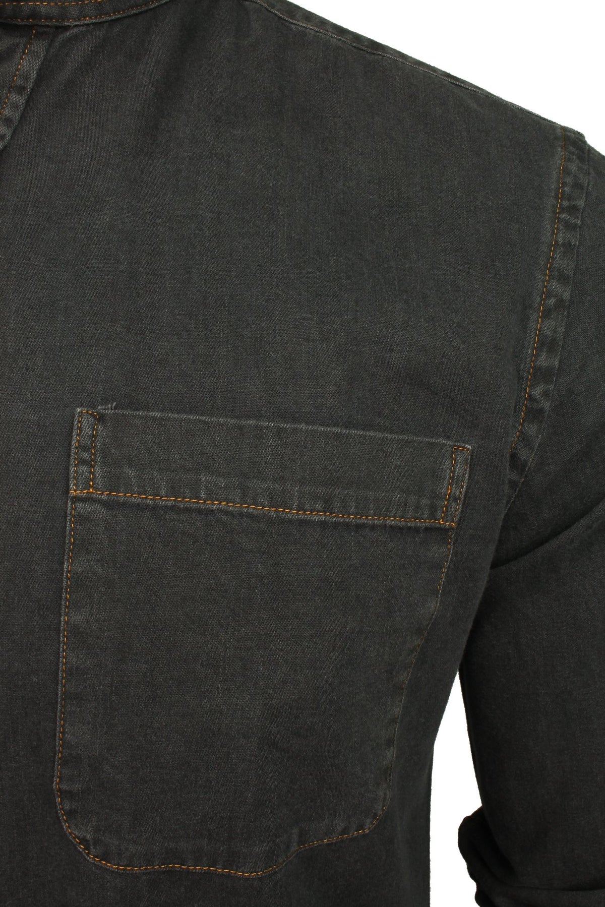 Xact Mens 6.6 oz Denim Band / Grandad Collar Shirt - Long Sleeved, 02, Xsh1173, Black Denim
