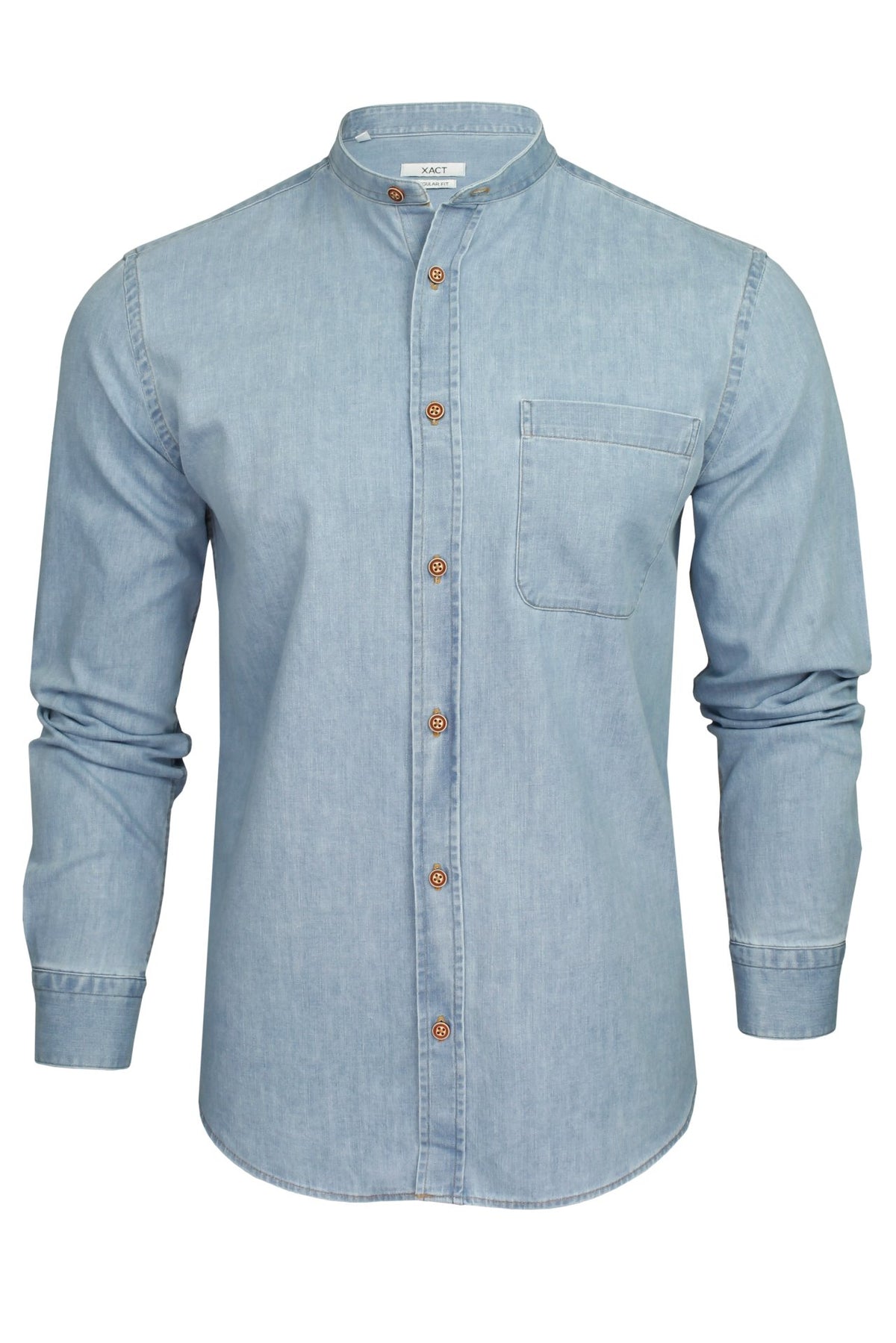 Xact Mens 6.6 oz Denim Band / Grandad Collar Shirt - Long Sleeved, 01, Xsh1173, Light Blue Denim