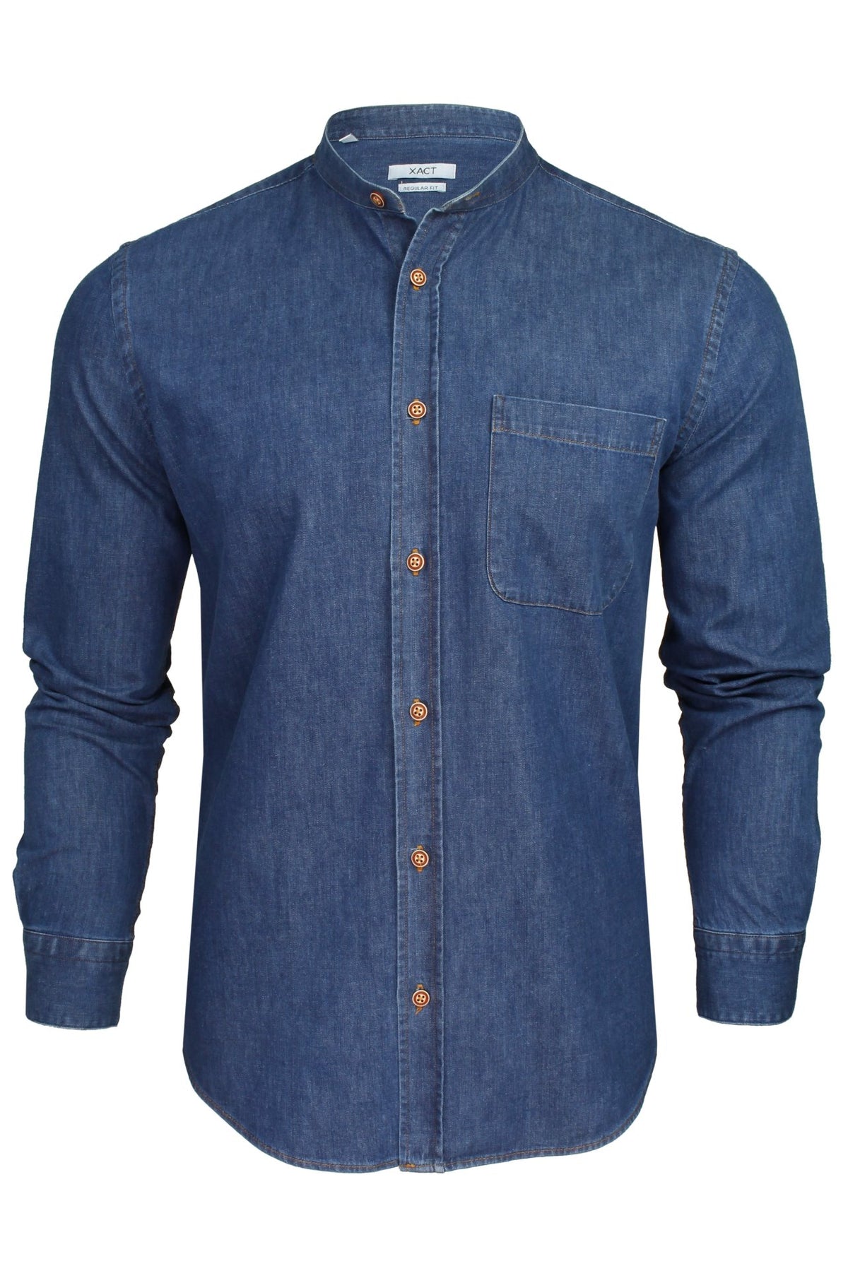 Xact Mens 6.6 oz Denim Band / Grandad Collar Shirt - Long Sleeved, 01, Xsh1173, Medium Blue Denim