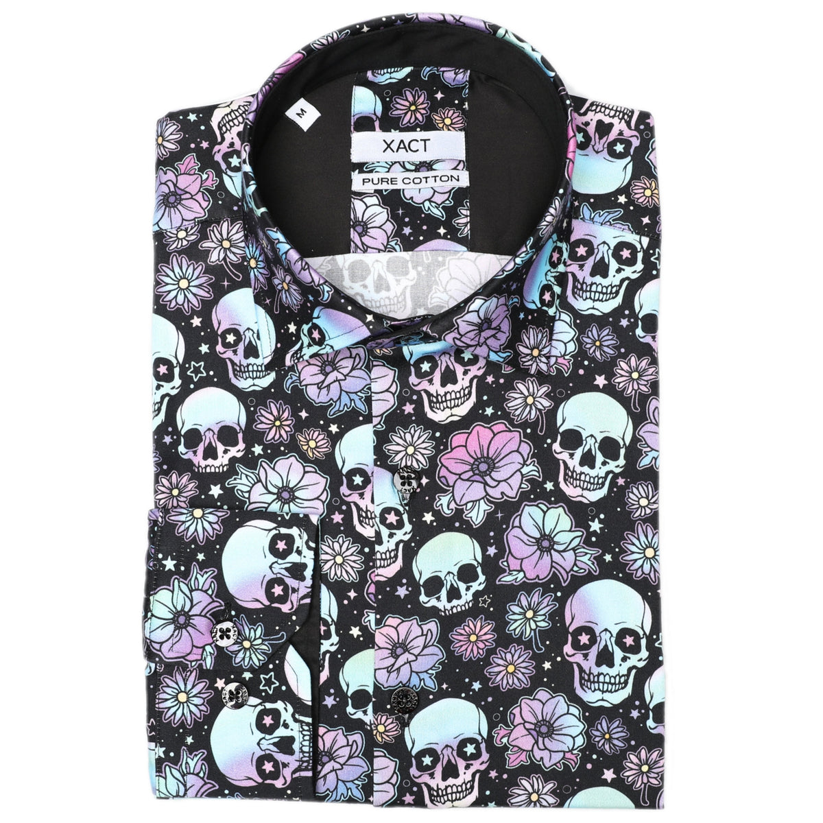 Xact Men's Holographic Skulls & Flower Print Long Sleeved Shirt, Regular Fit, 01, Xsh1208, Holographic Skulls & Flowers
