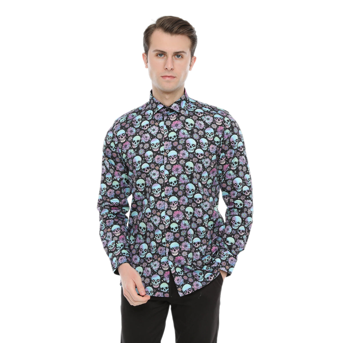 Xact Men's Holographic Skulls & Flower Print Long Sleeved Shirt, Regular Fit, 01, Xsh1208
