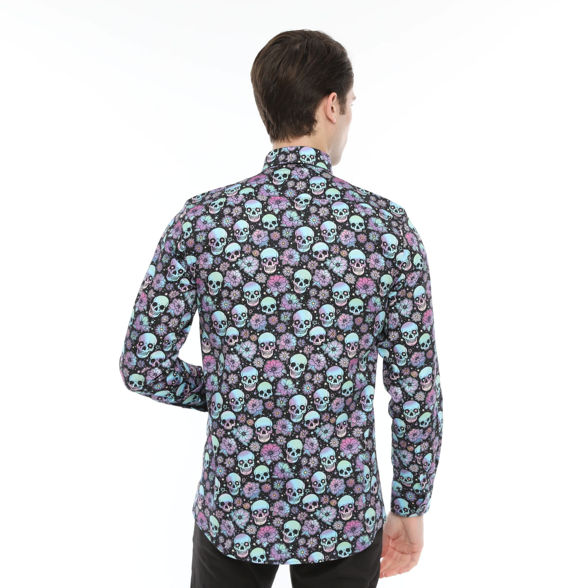 Xact Men's Holographic Skulls & Flower Print Long Sleeved Shirt, Regular Fit, 08, Xsh1208, Holographic Skulls & Flowers