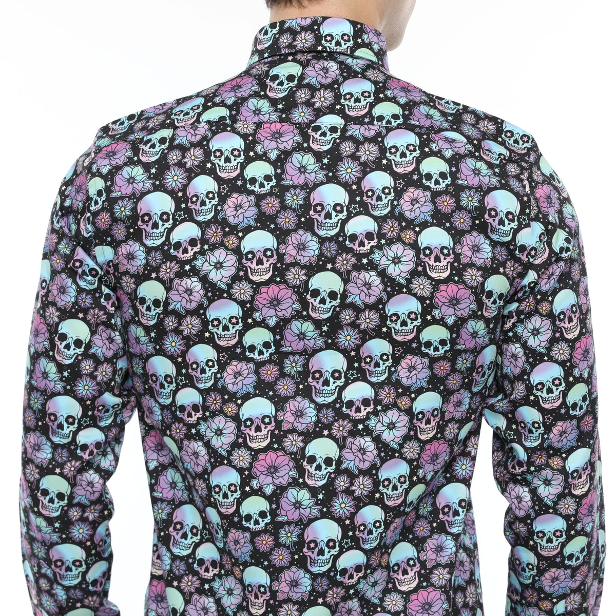 Xact Men's Holographic Skulls & Flower Print Long Sleeved Shirt, Regular Fit, 09, Xsh1208, Holographic Skulls & Flowers